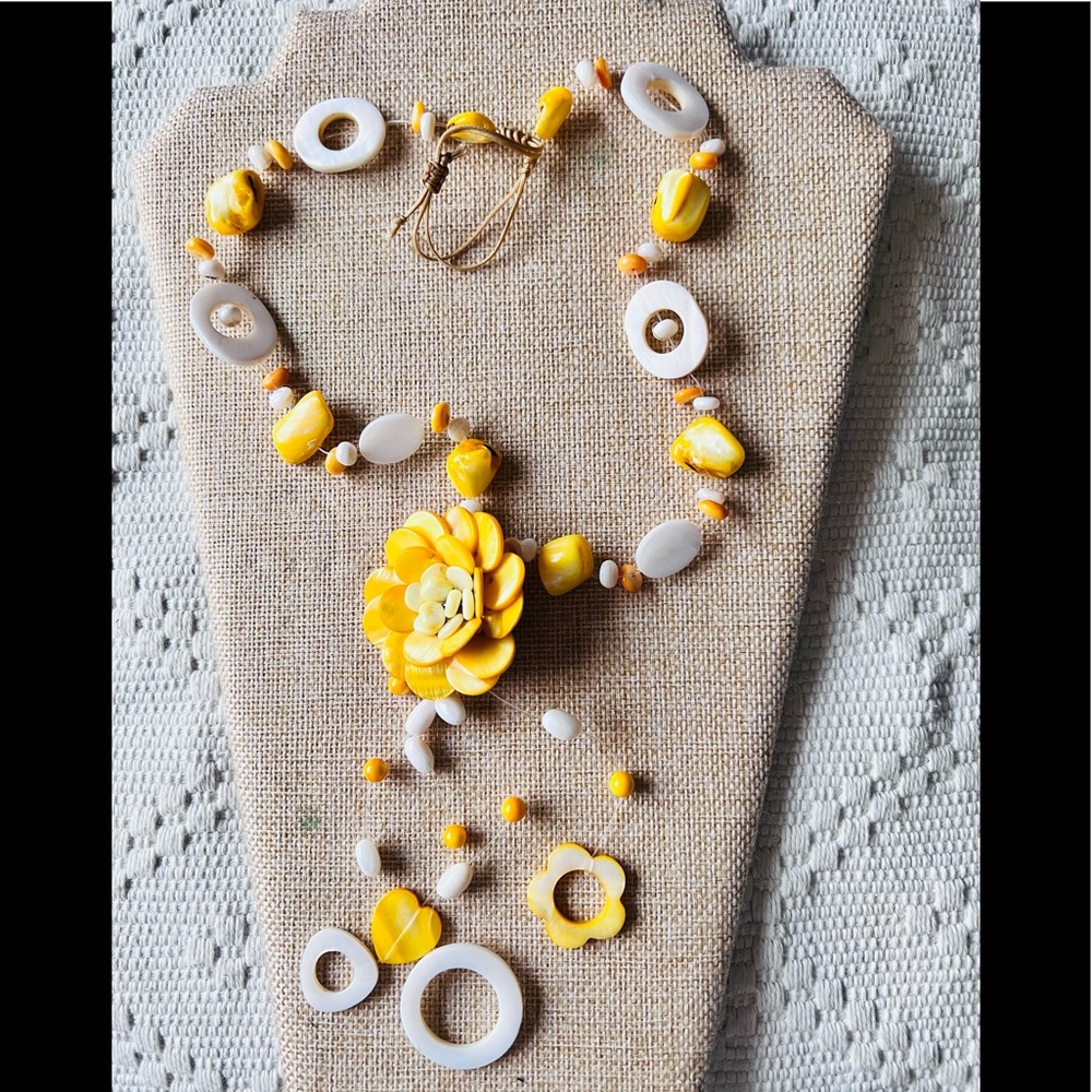 Handmade in Hawaii Mother of Pearl & shells Necklace 34” Yellow & Orange Dyed